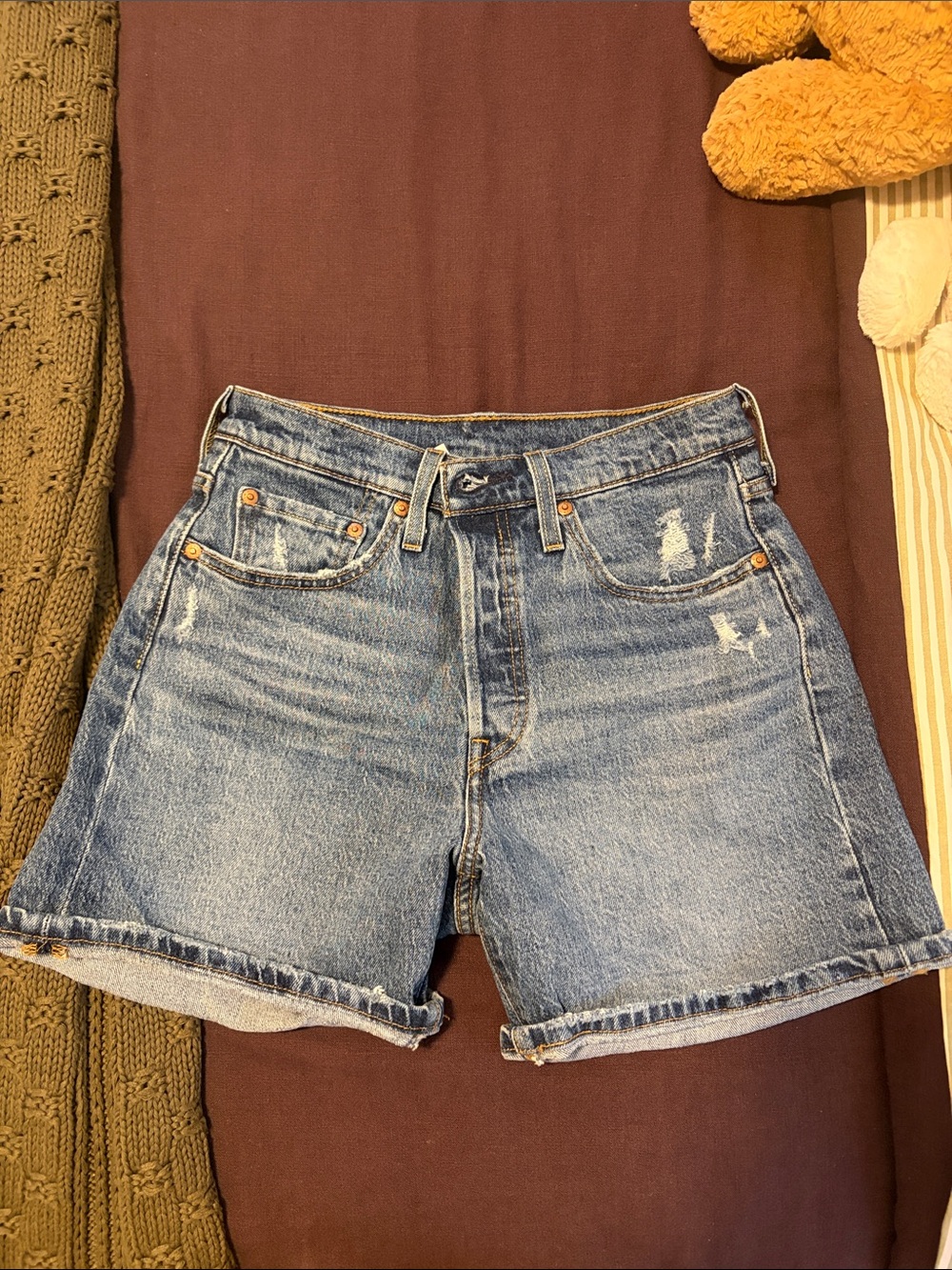 Levi's Light Blue Distressed High-Rise Denim Shorts